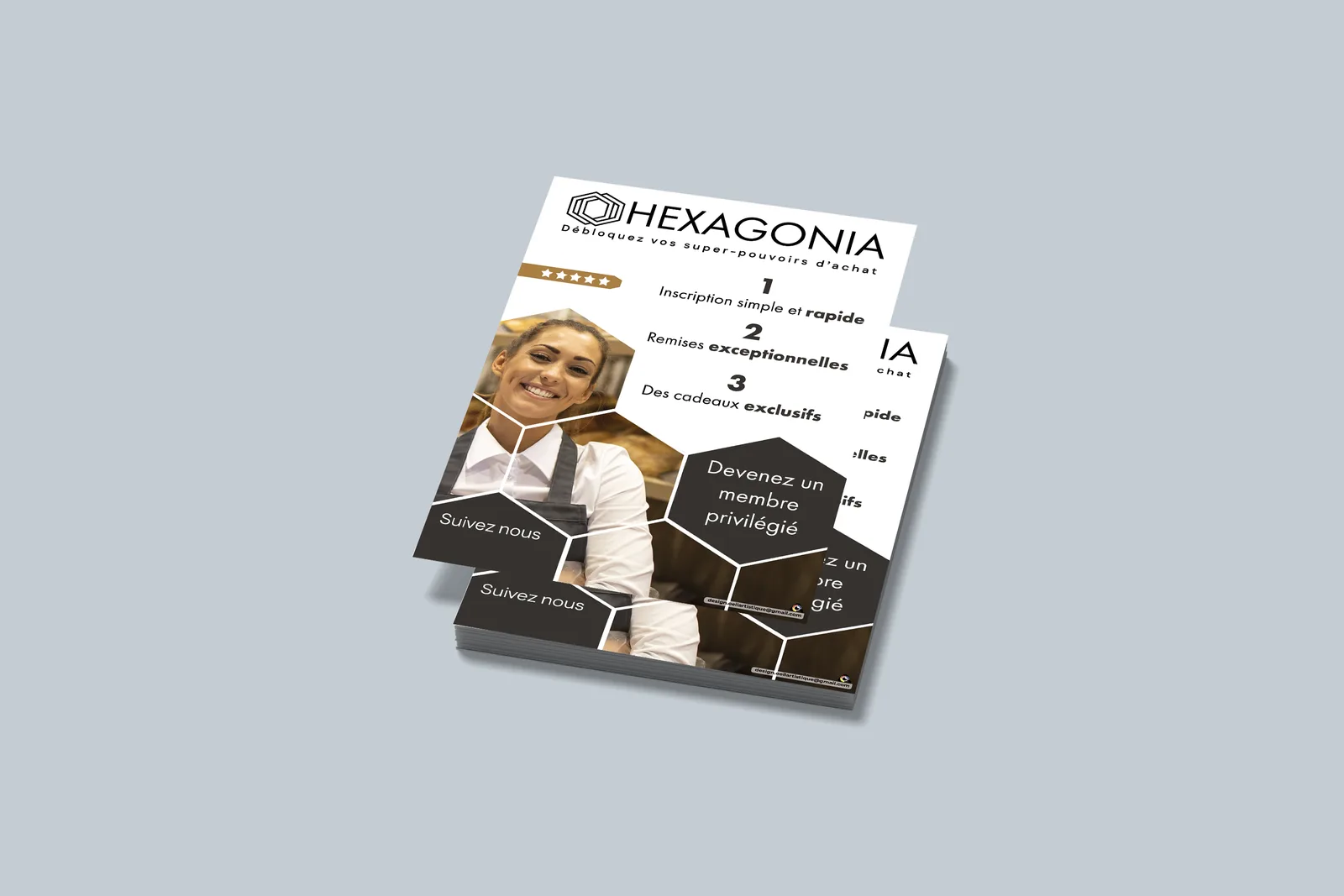 Mockup des supports marketing créés pour Hexagonia
